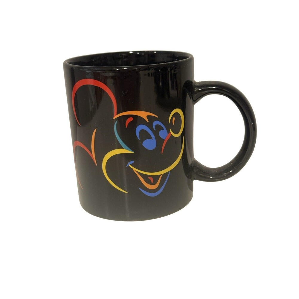 Disney Mickey Mouse Coffee Mug Black Ceramic Rainbow Pattern 4" Tall